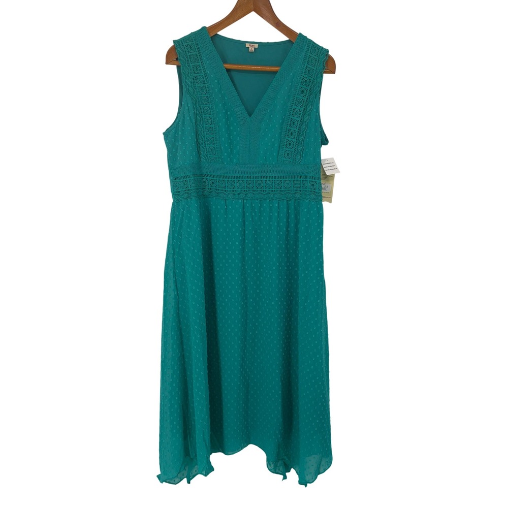 Reba Womens Swiss Dot Crochet Lace Handkerchief‎ Hem Midi Dress L Teal Boho Chic